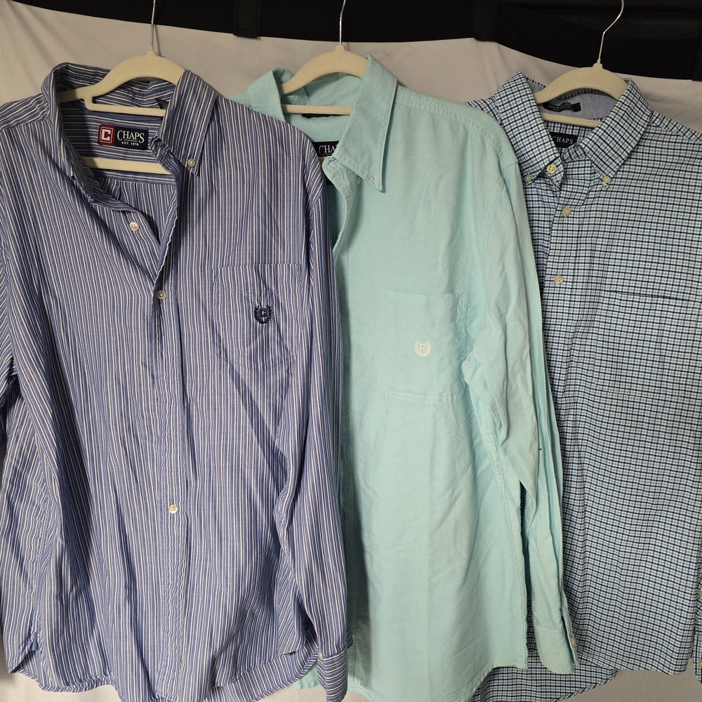 Chaps Men's Blue and Green Striped and Checkered Shirts Lot Of 3 Size Large